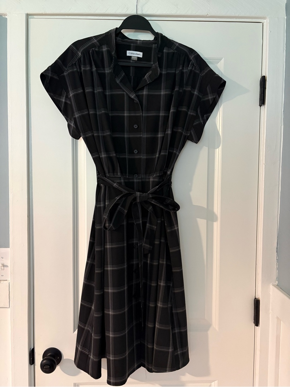 Calvin Klein Black Windowpane Midi Shirt Dress with Tie